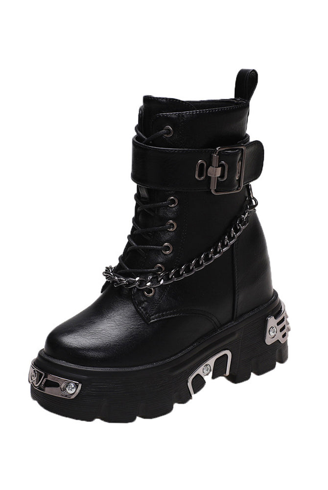 2022 New Winter Gothic Style Shoes Metal Motorcycle Boots Round Toe Chunky Punk Boots