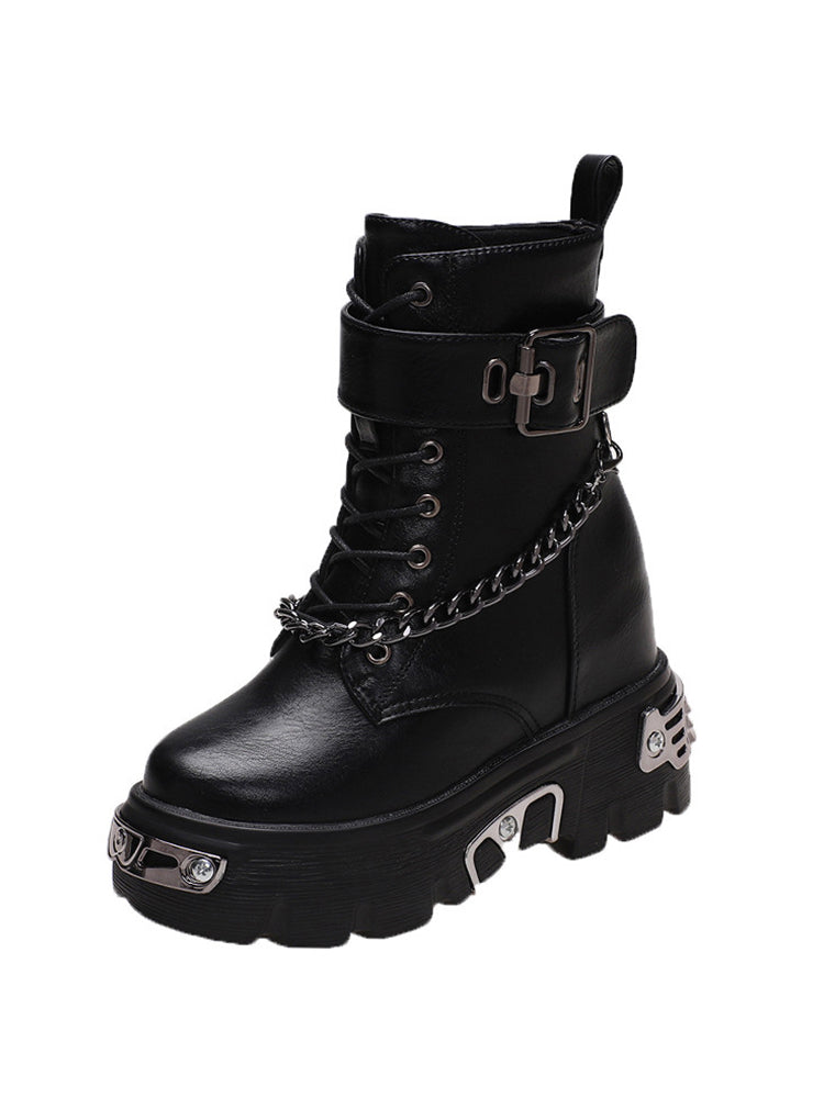 2022 New Winter Gothic Style Shoes Metal Motorcycle Boots Round Toe Chunky Punk Boots