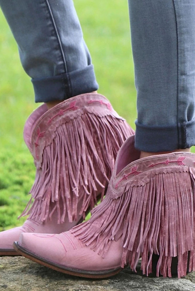 2022 Autumn Tassel Ankle Cowgirl Boots Square Heels Pointed Toe