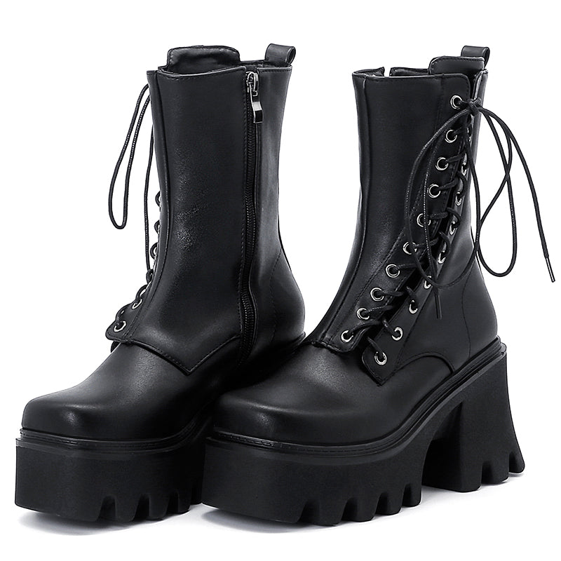 Biker Girl's Boots Women Boots With Zipper Sideway Lace Up Motorcycle High Platform Boots