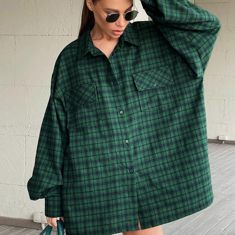 ASHORE SHOP Green Shacket Oversize Shirts Women Dropped Shoulder Street Style Plaid Blouses
