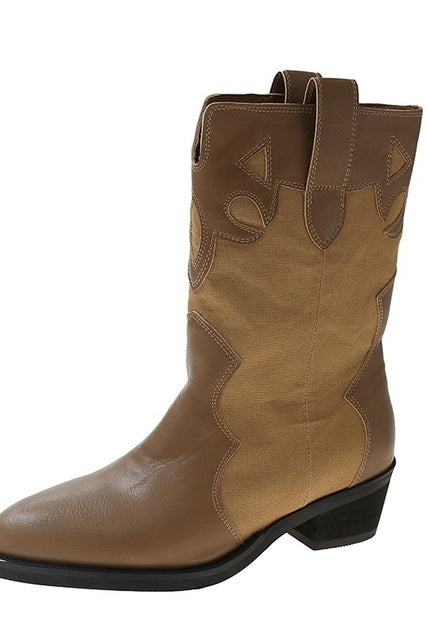 Chunky Heels Ladies Pointed Toe Stitching Mid-boots Ethnic Style Leather Boots