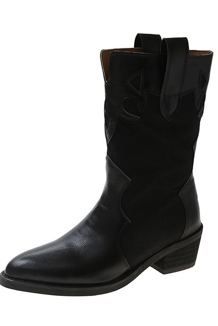 Chunky Heels Ladies Pointed Toe Stitching Mid-boots Ethnic Style Leather Boots