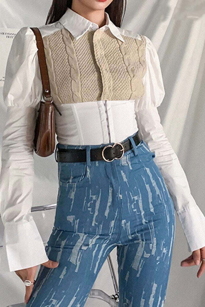 Autumn Womens Blouse Cable Knitted Twist Patchwork Turn-down Collar Shirt