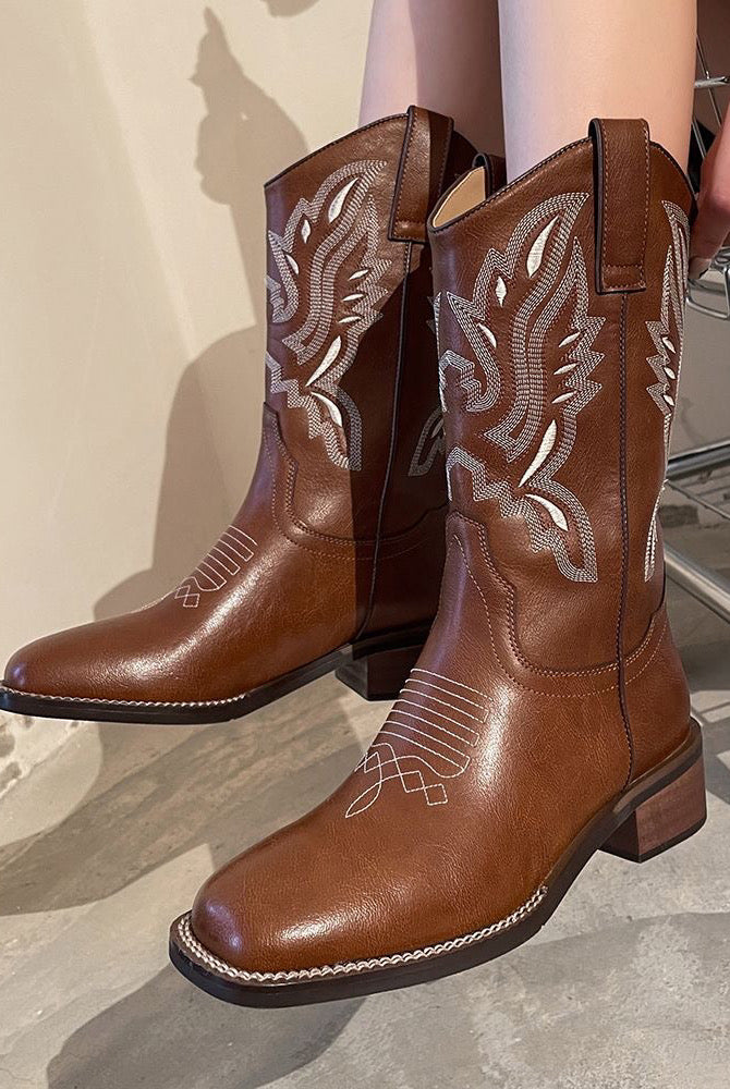 Cowboy Boots for Women Mid Calf Western Boots Cowboy Wide Toe Knee High Pull on Boots