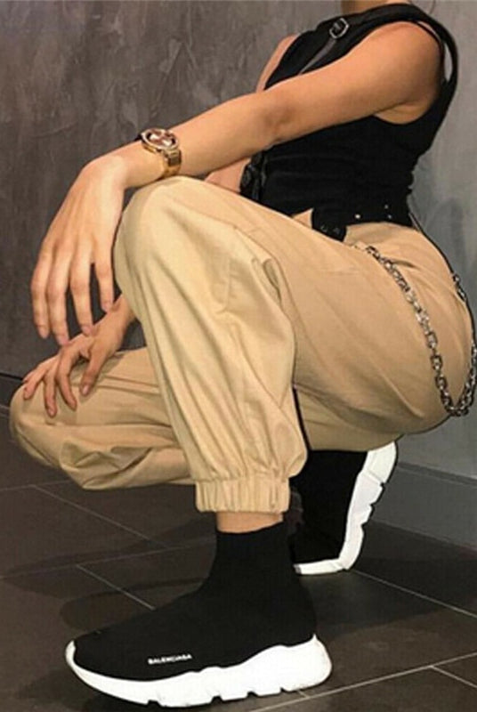Black Khaki Women Casual High Waist Cargo Comfortable Roomy Pants