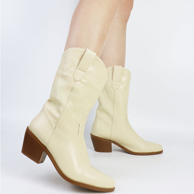 Botas vaqueras occidentales blancas para mujer, botines tipo vaquera