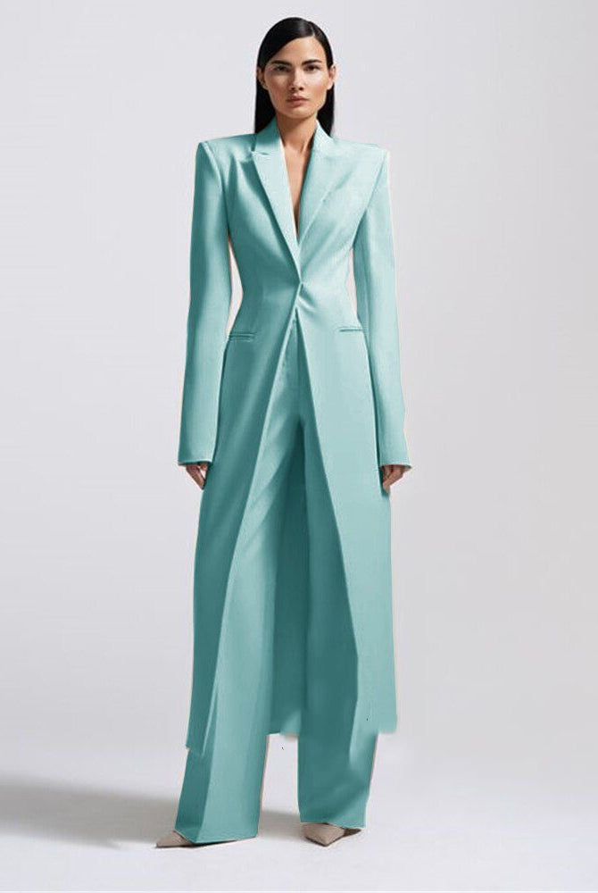 New Women's Two-Piece Set Elegant Party Suit Long Coat + Straight Pants