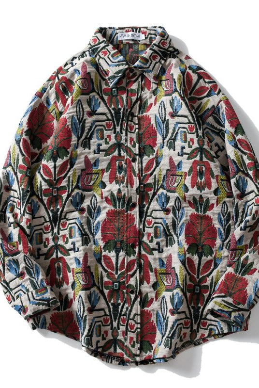 Mens Womens Western Casual Flowers Jacquard Long Sleeve Shirt Coats