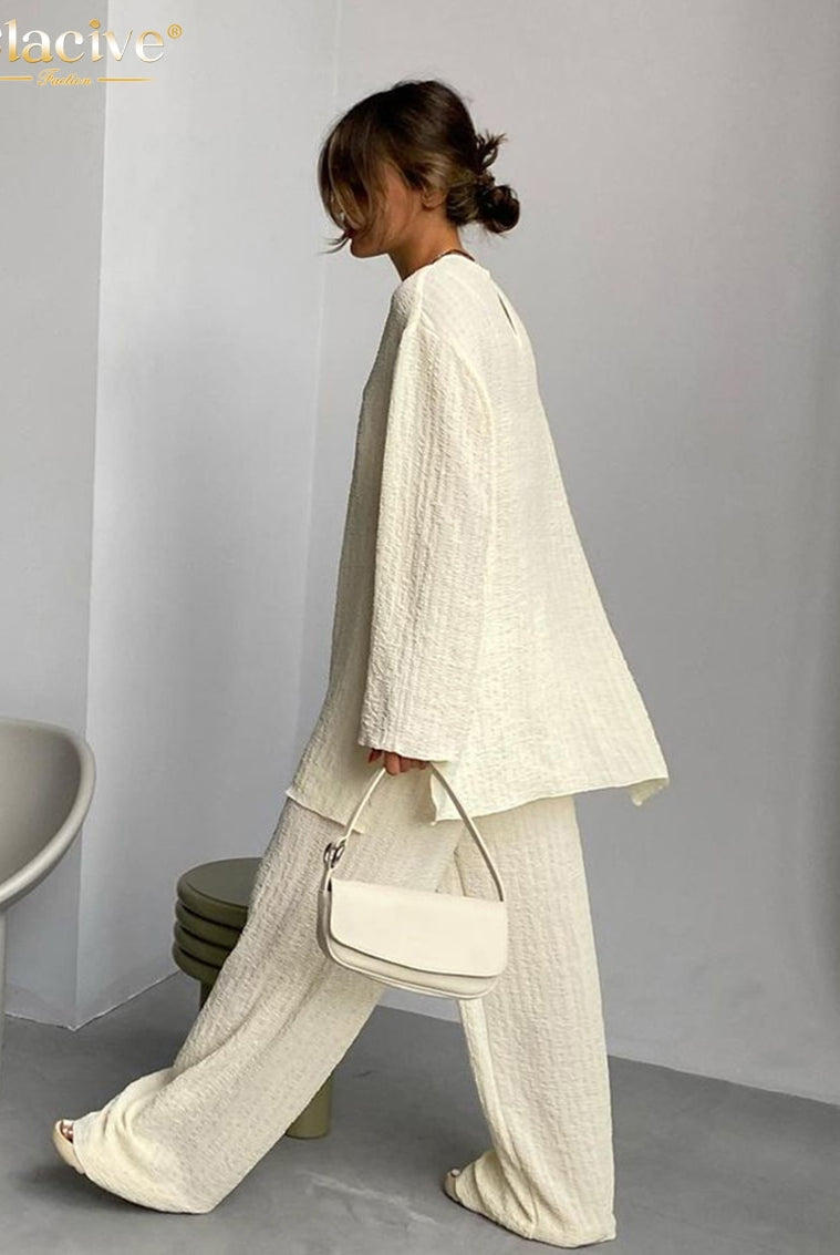 Relax Loose 2 Piece Pants Set Women Comfortable Long Sleeve T-Shirt Matching Sets