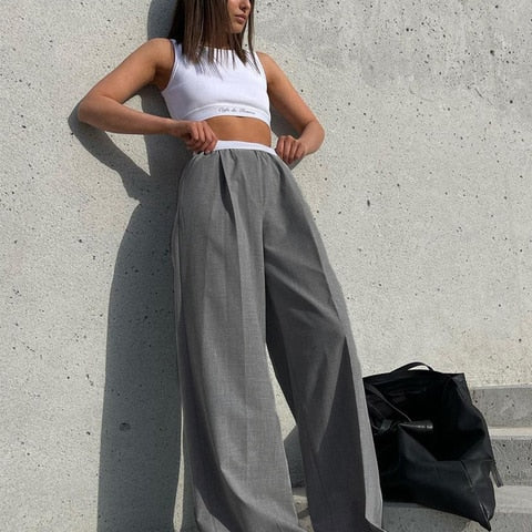 Loose Gray Pants For Women 2022 Casual Elastic Waist Wide Leg Trousers