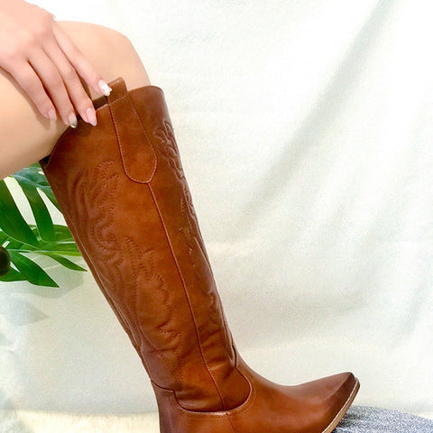 Botas vaqueras blancas de vaquero para otoño e invierno, botas altas hasta la rodilla blancas