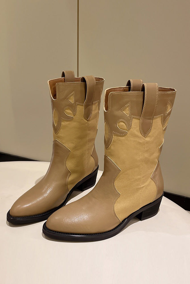 Chunky Heels Ladies Pointed Toe Stitching Mid-boots Ethnic Style Leather Boots