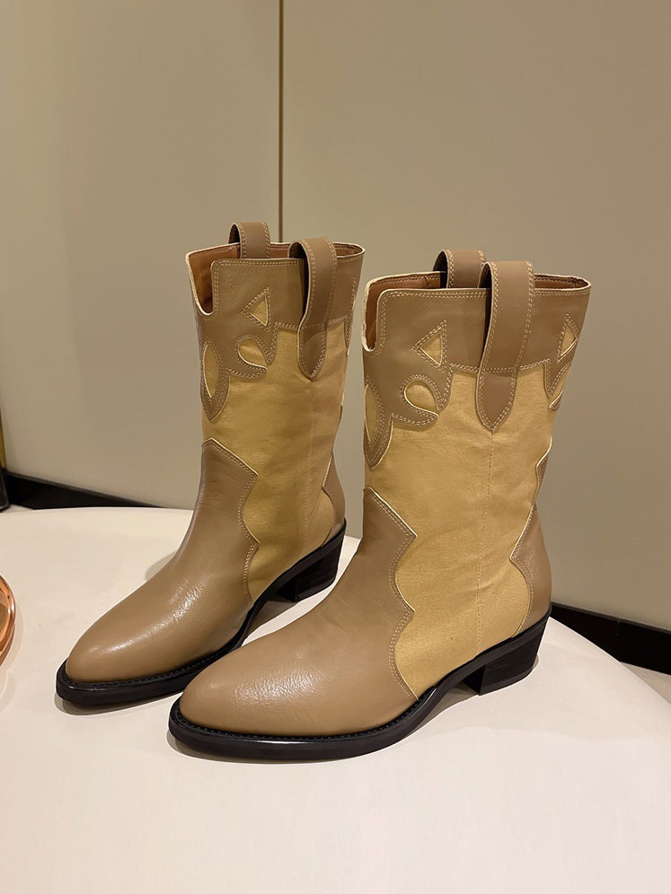 Chunky Heels Ladies Pointed Toe Stitching Mid-boots Ethnic Style Leather Boots