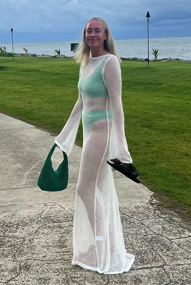 ASHORE SHOP Crochet Knit Sexy Backless Cut Out Maxi Dress Swim Cover Ups