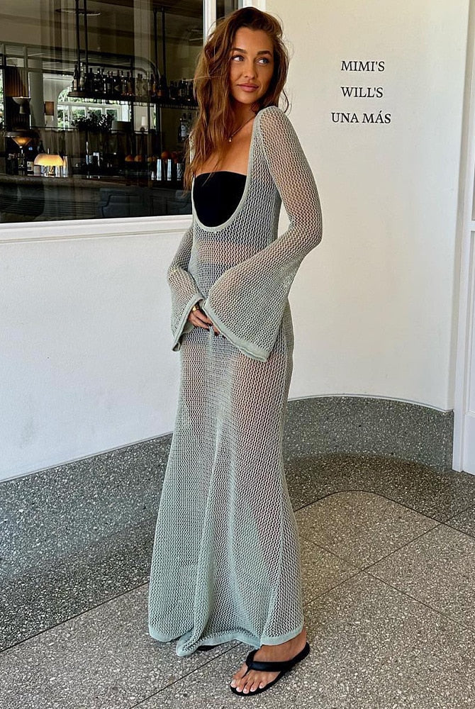 ASHORE SHOP Crochet Knit Sexy Backless Cut Out Maxi Dress Swim Cover Ups