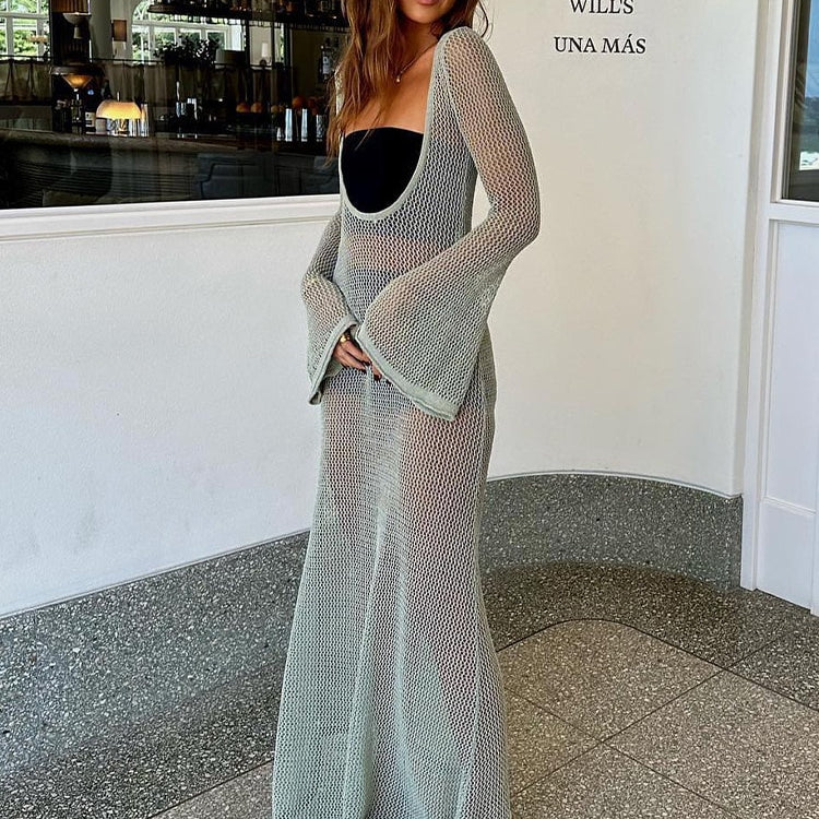 ASHORE SHOP Crochet Knit Sexy Backless Cut Out Maxi Dress Swim Cover Ups