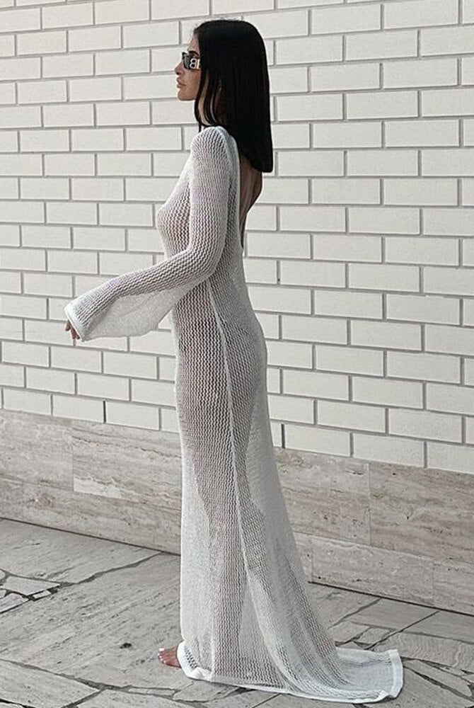 ASHORE SHOP Crochet Knit Sexy Backless Cut Out Maxi Dress Swim Cover Ups