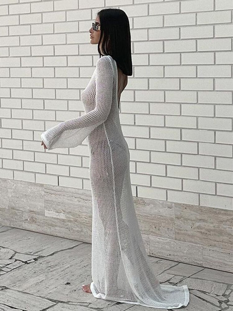 ASHORE SHOP Crochet Knit Sexy Backless Cut Out Maxi Dress Swim Cover Ups