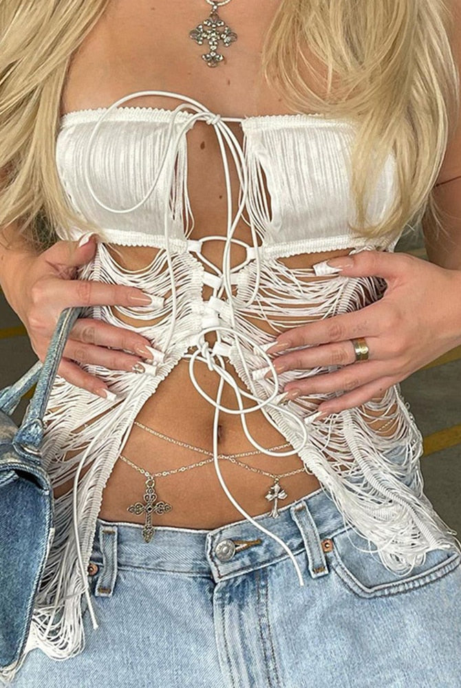 ASHORE SHOP Fringe Bandage Crop Tops for Women Summer Fun Cut Out Sexy Tie Front Tops