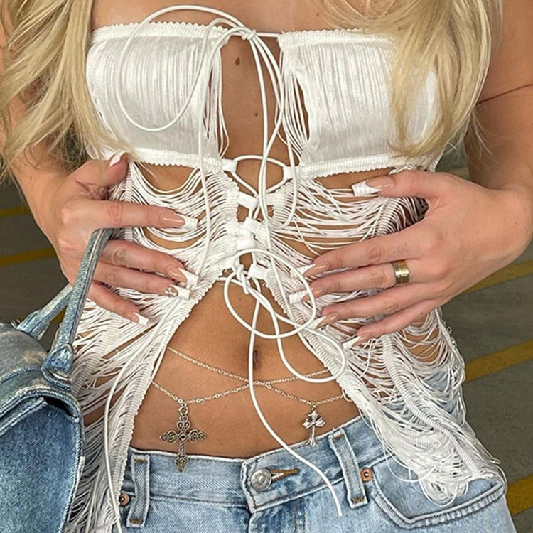 ASHORE SHOP Fringe Bandage Crop Tops for Women Summer Fun Cut Out Sexy Tie Front Tops
