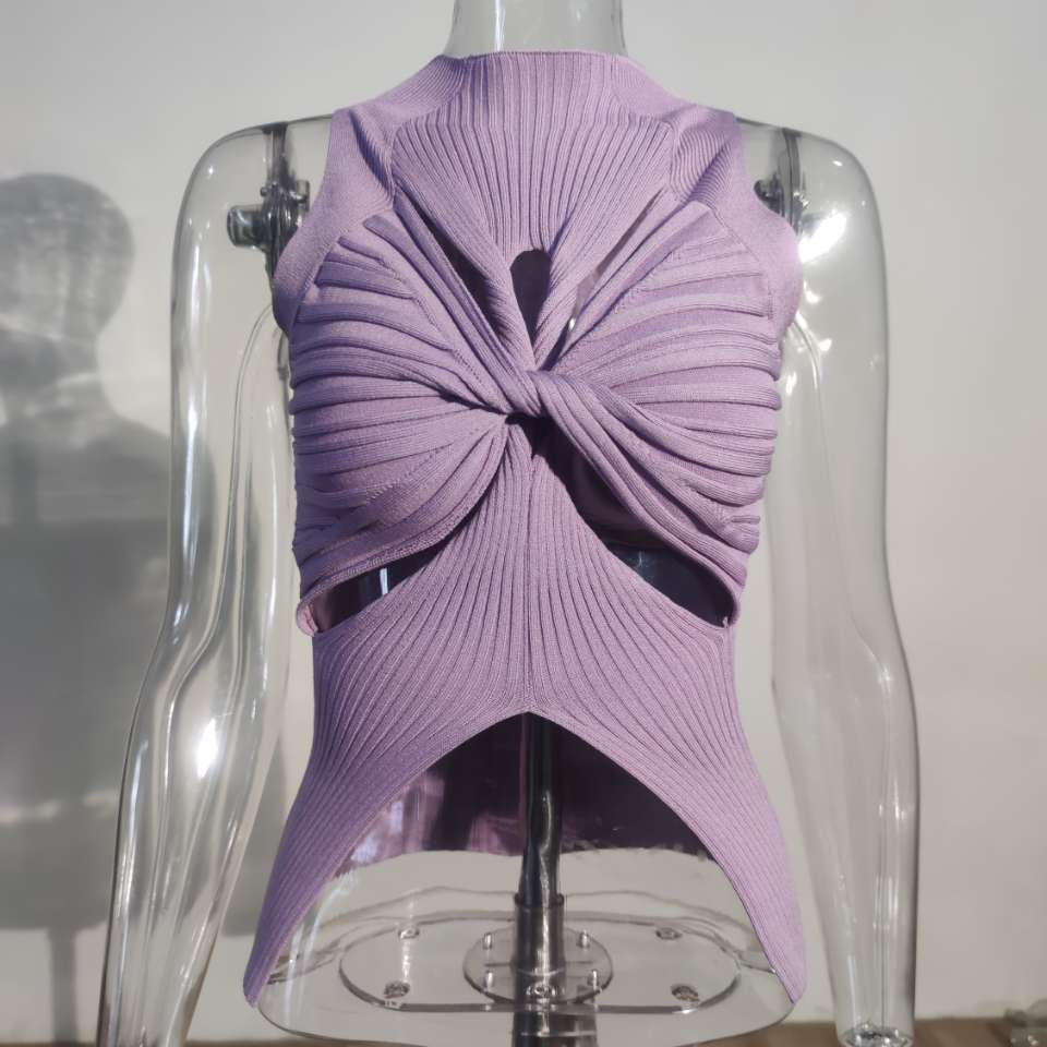 2Ashore Shop 2023 Summer Women's Knitted Tops New Fashion High Collar Hollow Out Kink Sleeveless Solid Color Tank Tops Female