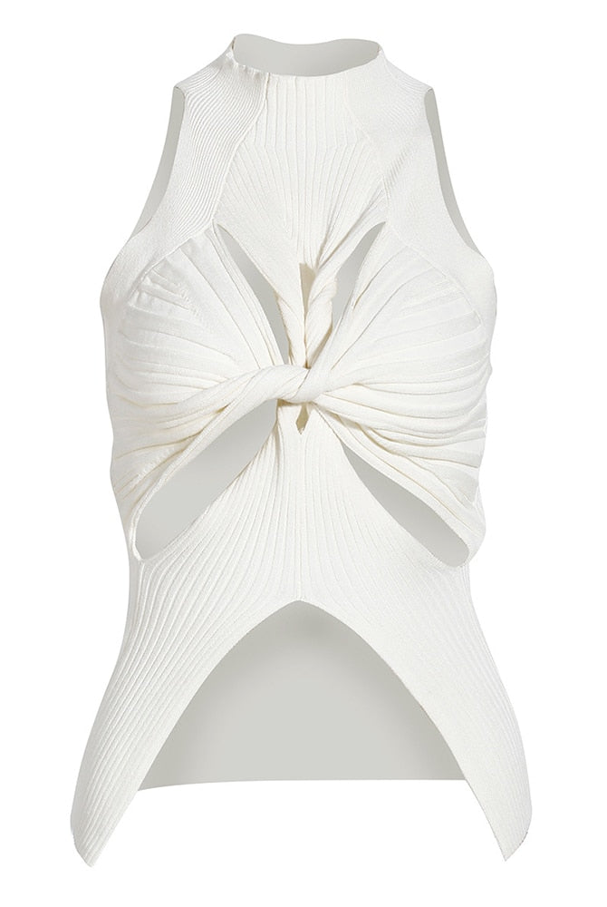 Ashore Shop 2023 Summer Women's Knitted Tops New Fashion High Collar Hollow Out Kink Sleeveless Solid Color Tank Tops Female