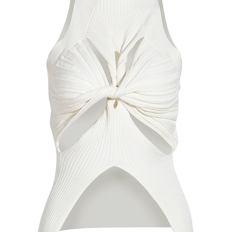 Ashore Shop 2023 Summer Women's Knitted Tops New Fashion High Collar Hollow Out Kink Sleeveless Solid Color Tank Tops Female