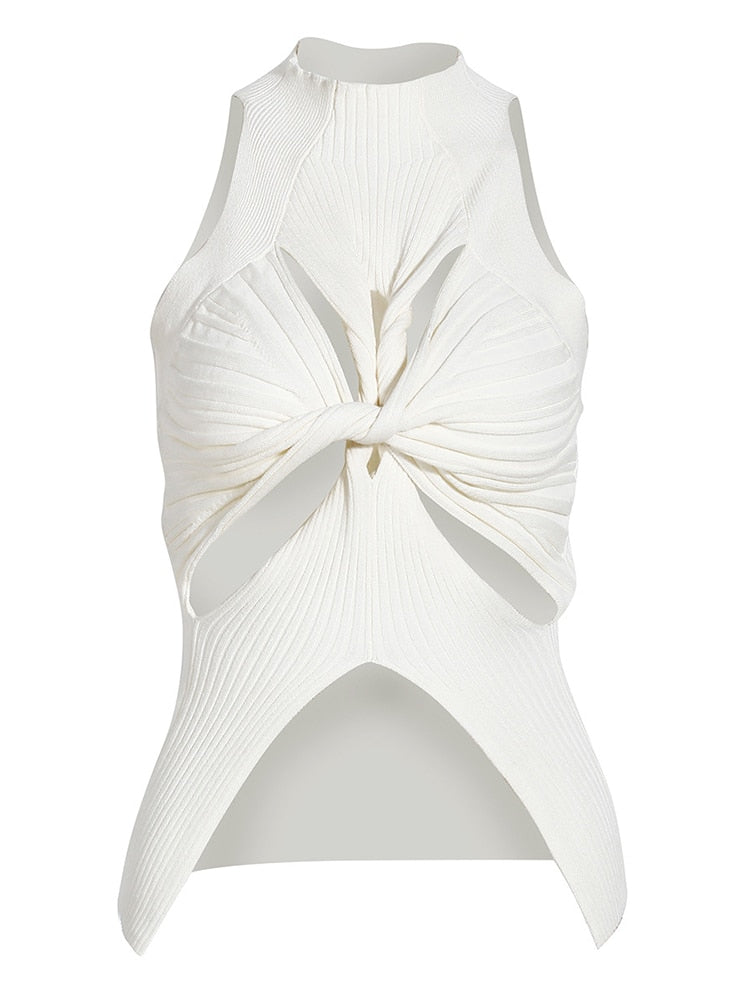 Ashore Shop 2023 Summer Women's Knitted Tops New Fashion High Collar Hollow Out Kink Sleeveless Solid Color Tank Tops Female