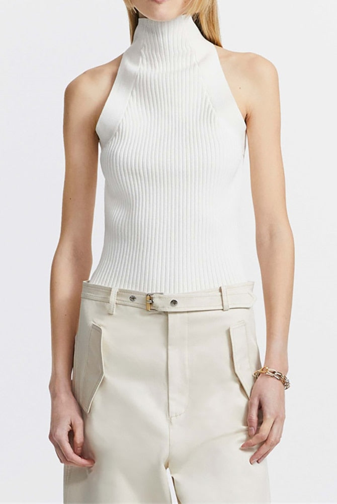 Ashore Shop 2023 Summer Women's Knitted Tops New Fashion High Collar Hollow Out Kink Sleeveless Solid Color Tank Tops Female