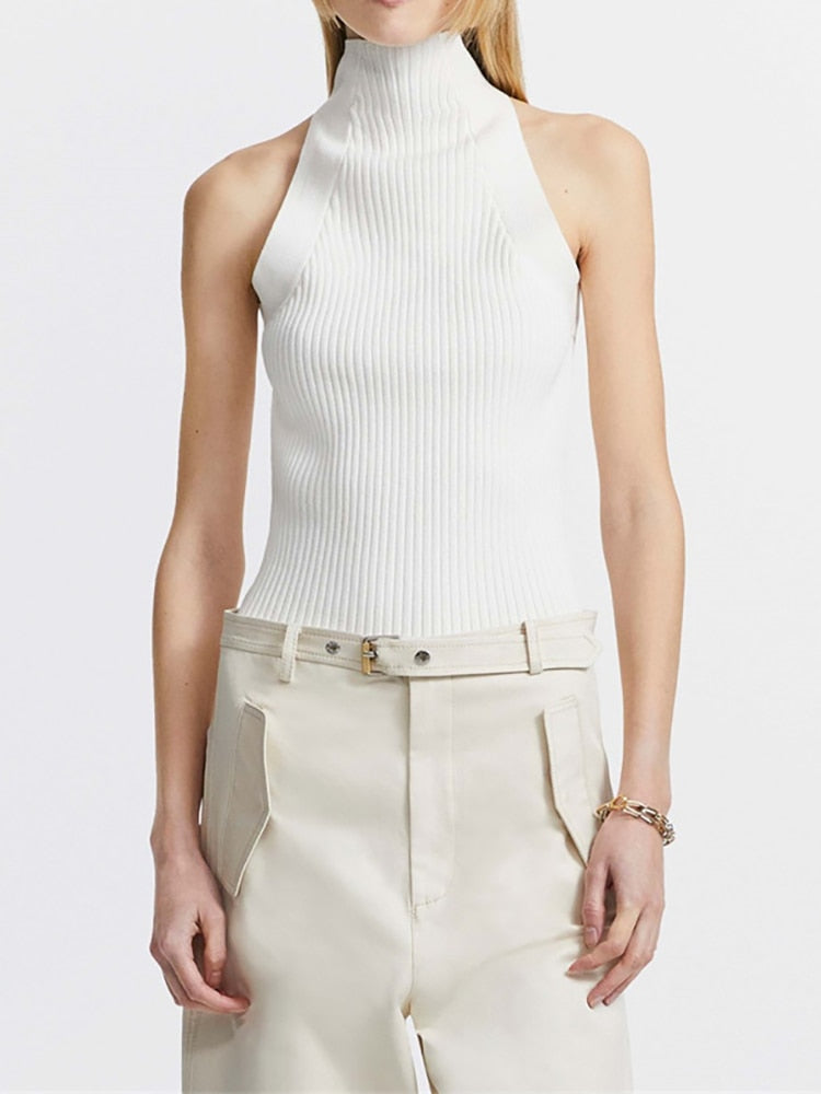 Ashore Shop 2023 Summer Women's Knitted Tops New Fashion High Collar Hollow Out Kink Sleeveless Solid Color Tank Tops Female