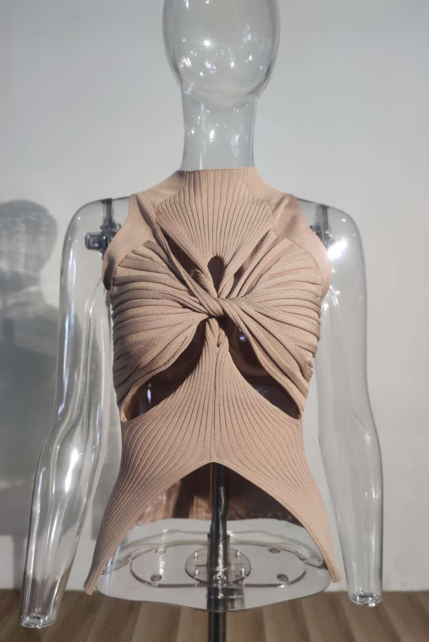 Ashore Shop 2023 Summer Women's Knitted Tops New Fashion High Collar Hollow Out Kink Sleeveless Solid Color Tank Tops Female