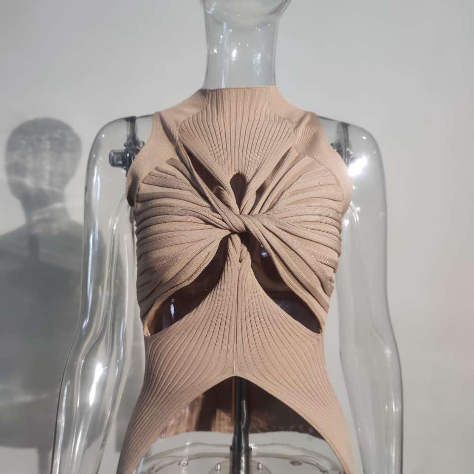 Ashore Shop 2023 Summer Women's Knitted Tops New Fashion High Collar Hollow Out Kink Sleeveless Solid Color Tank Tops Female