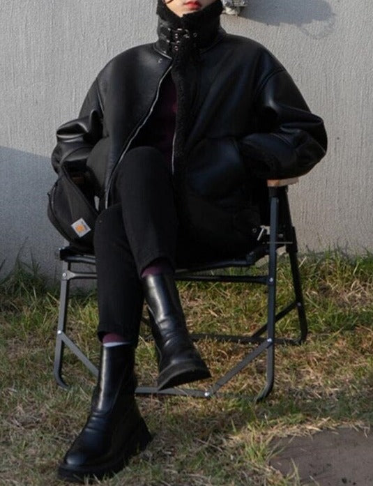 Motorcycle Coats Women's PU Leather Jackets Spliced Fur Stand Collar Warm Coats