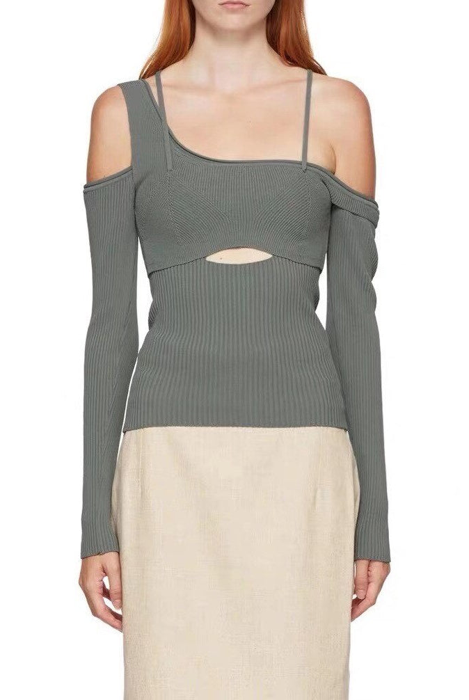 Ashore Shop Irregular Tops asymmetrical full sleeves square knitting elastic patchwork backlesss sexy top