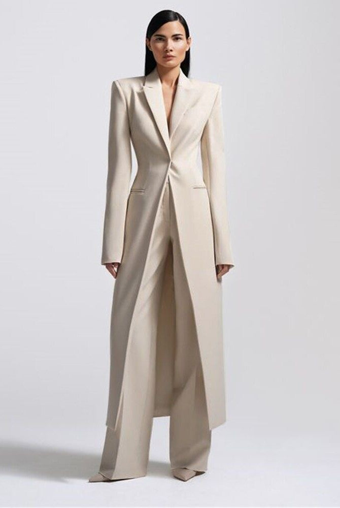 New Women's Two-Piece Set Elegant Party Suit Long Coat + Straight Pants