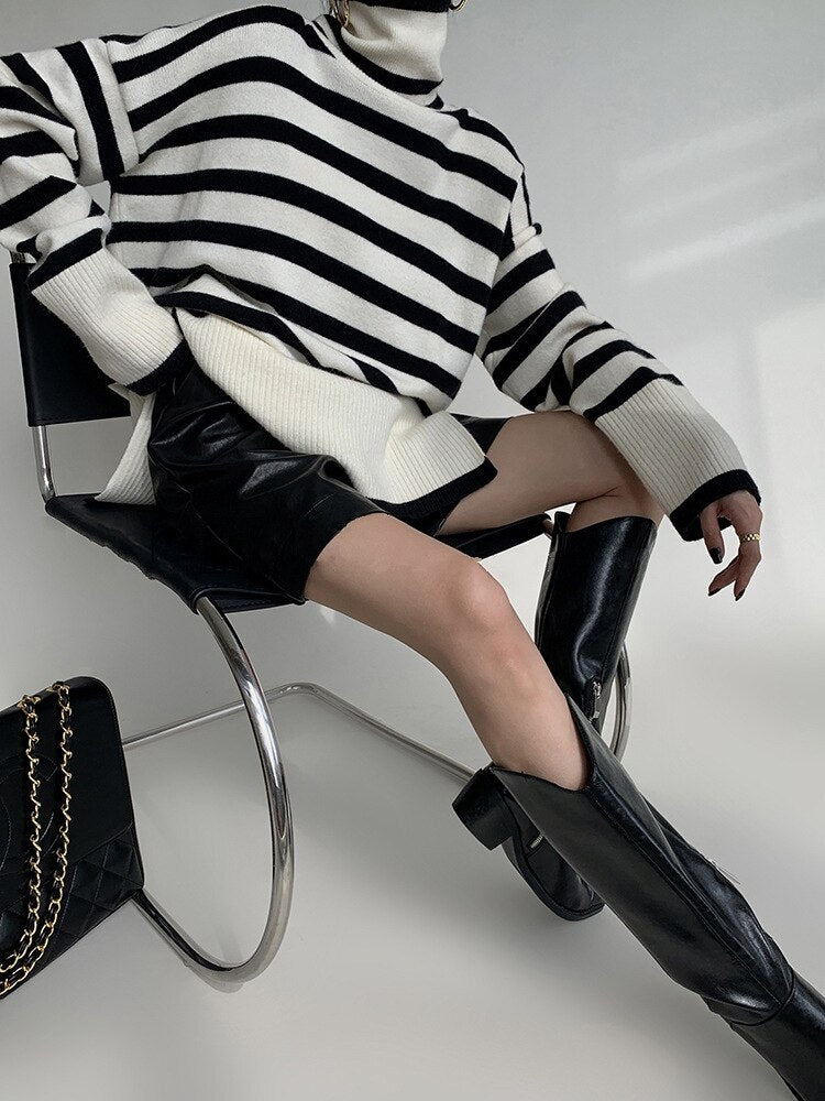 ASHORE Sweater Shop: 2023 New Knitted Sweater For Women Striped Turtleneck Knitwear Sweater Long