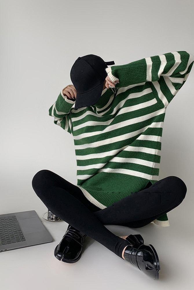 ASHORE Sweater Shop: 2023 New Knitted Sweater For Women Striped Turtleneck Knitwear Sweater Long