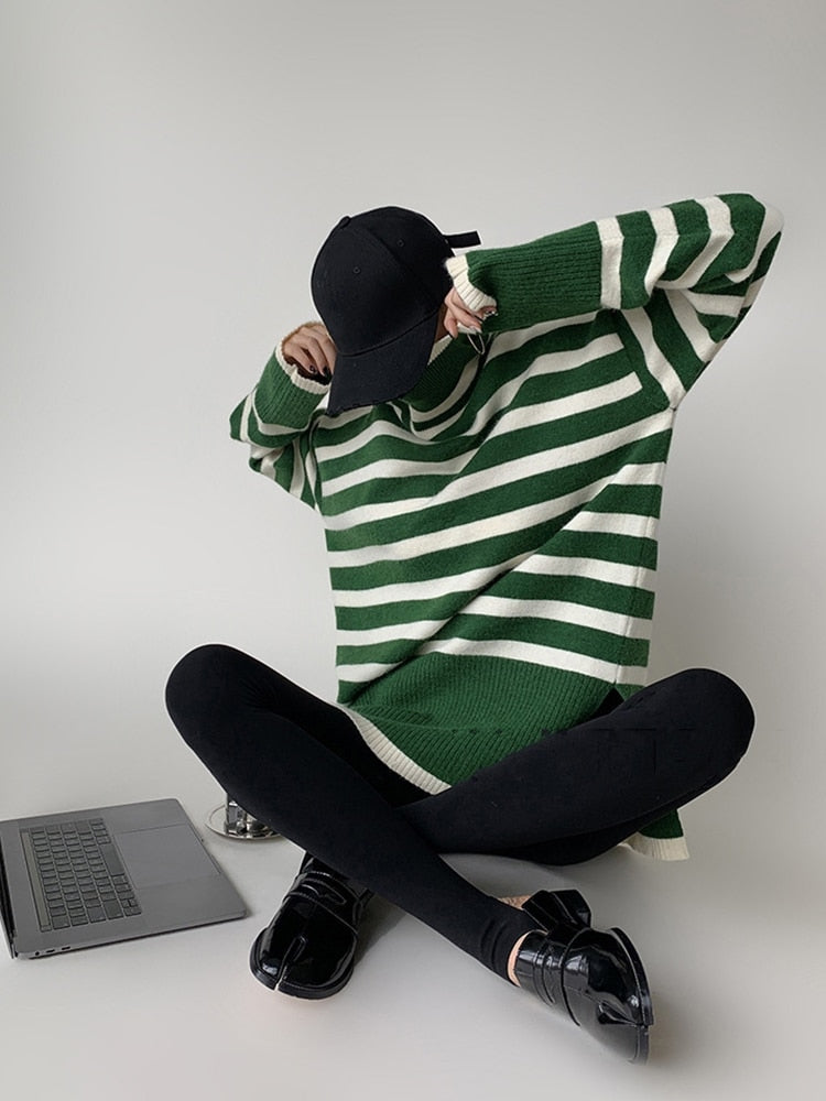 ASHORE Sweater Shop: 2023 New Knitted Sweater For Women Striped Turtleneck Knitwear Sweater Long