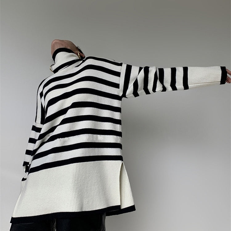 ASHORE Sweater Shop: 2023 New Knitted Sweater For Women Striped Turtleneck Knitwear Sweater Long