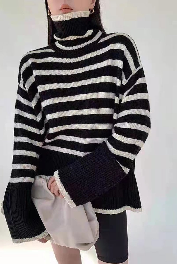 ASHORE Sweater Shop: 2023 New Knitted Sweater For Women Striped Turtleneck Knitwear Sweater Long