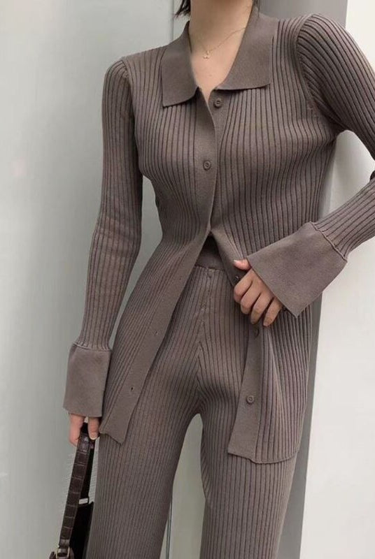 Womens Knitted Sweater Sets Long Sleeve Cardigans And Elastic Waist Flare Pants Suit Slim Female Outfit