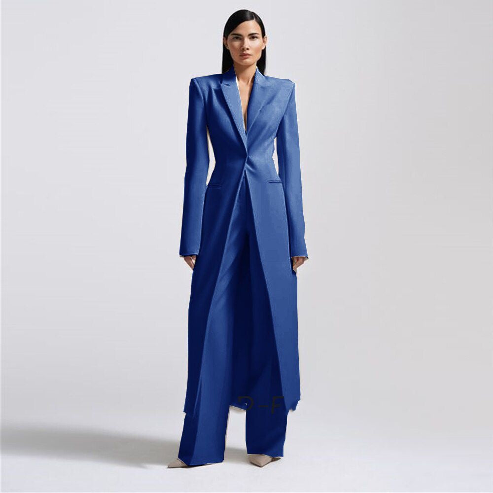 New Women's Two-Piece Set Elegant Party Suit Long Coat + Straight Pants