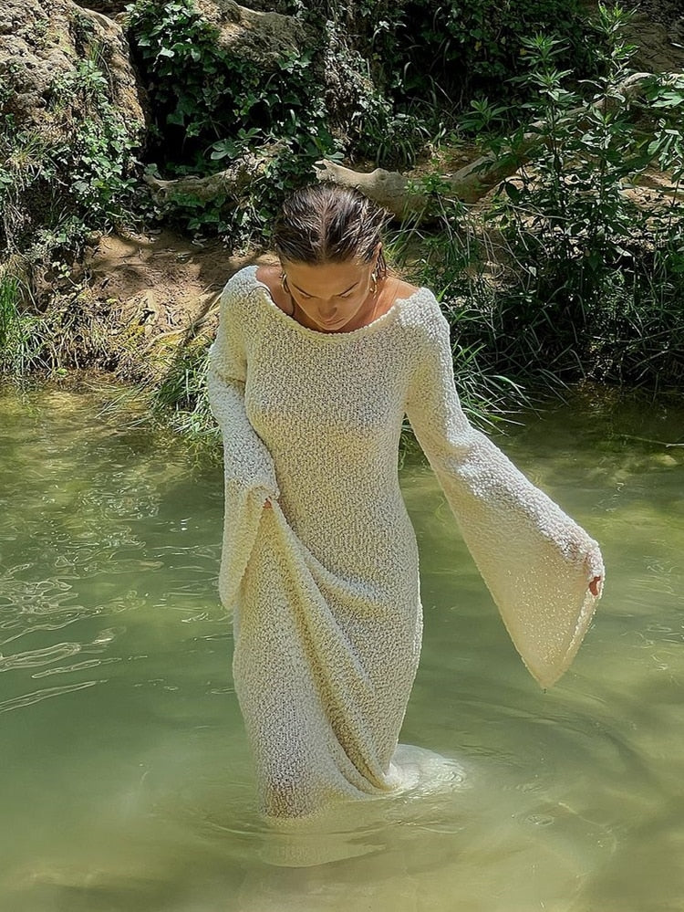 Woman Long Dress Elegant Fashion Knitted Plush Long Flared Sleeve Backless - Beige / L Woman Long Dress Elegant Fashion Knitted Plush Long Flared Sleeve Backless - Beige / L