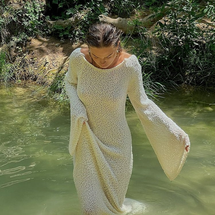 Ashore Shop Beach Vacation Dress Trendy knitted Plush Airy Long Sleeve Maxi Dresses