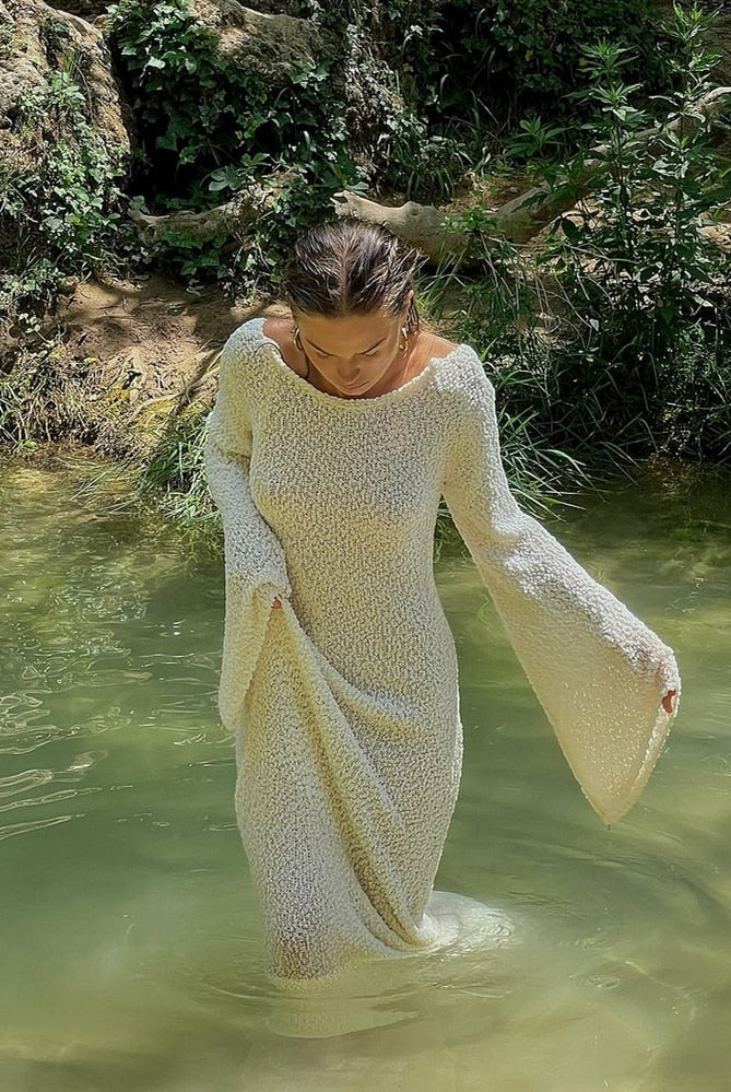 Ashore Shop Beach Vacation Dress Trendy knitted Plush Airy Long Sleeve Maxi Dresses