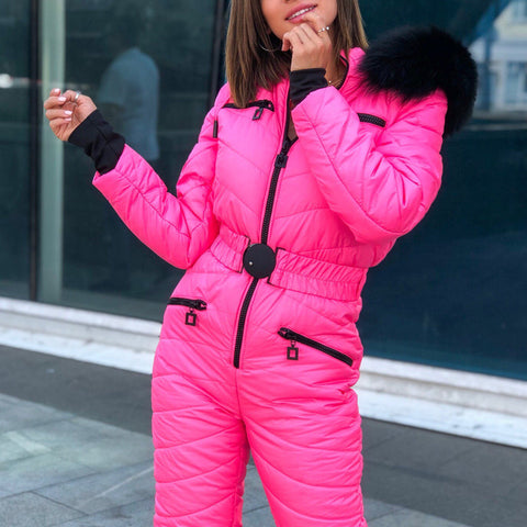 Ashore Shop Women's Ski Jump Suit Windproof and Hooded with Fur