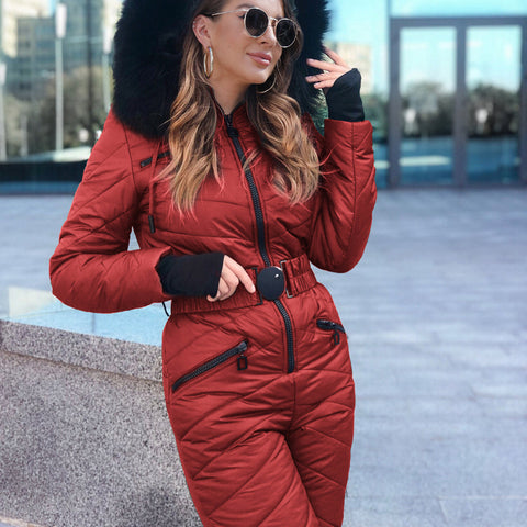 Ashore Shop Women's Ski Jump Suit Windproof and Hooded with Fur