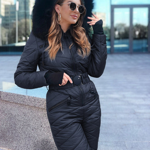 Ashore Shop Women's Ski Jump Suit Windproof and Hooded with Fur