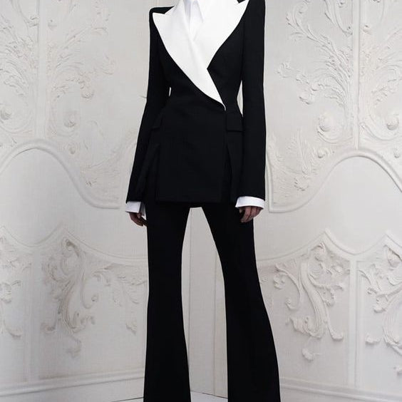 Two Pieces Black Womem Suits With Big White Lapel Business Suits ladies (Jacket+Pants)